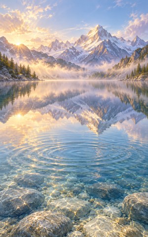 A still mountain lake almost aligns the reflection of the peaks above it.