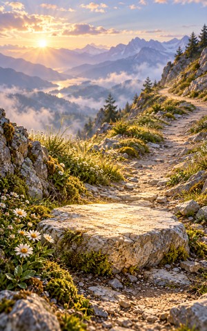 A single illuminated stepping stone begins a path that continues beyond view.