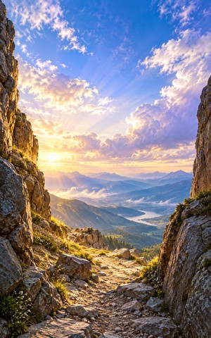 A narrow rock passage opens into an immense luminous sky and landscape.