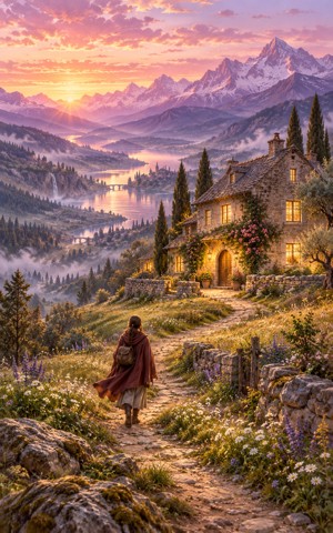Warm light in a home welcomes a returning traveler along a garden path.