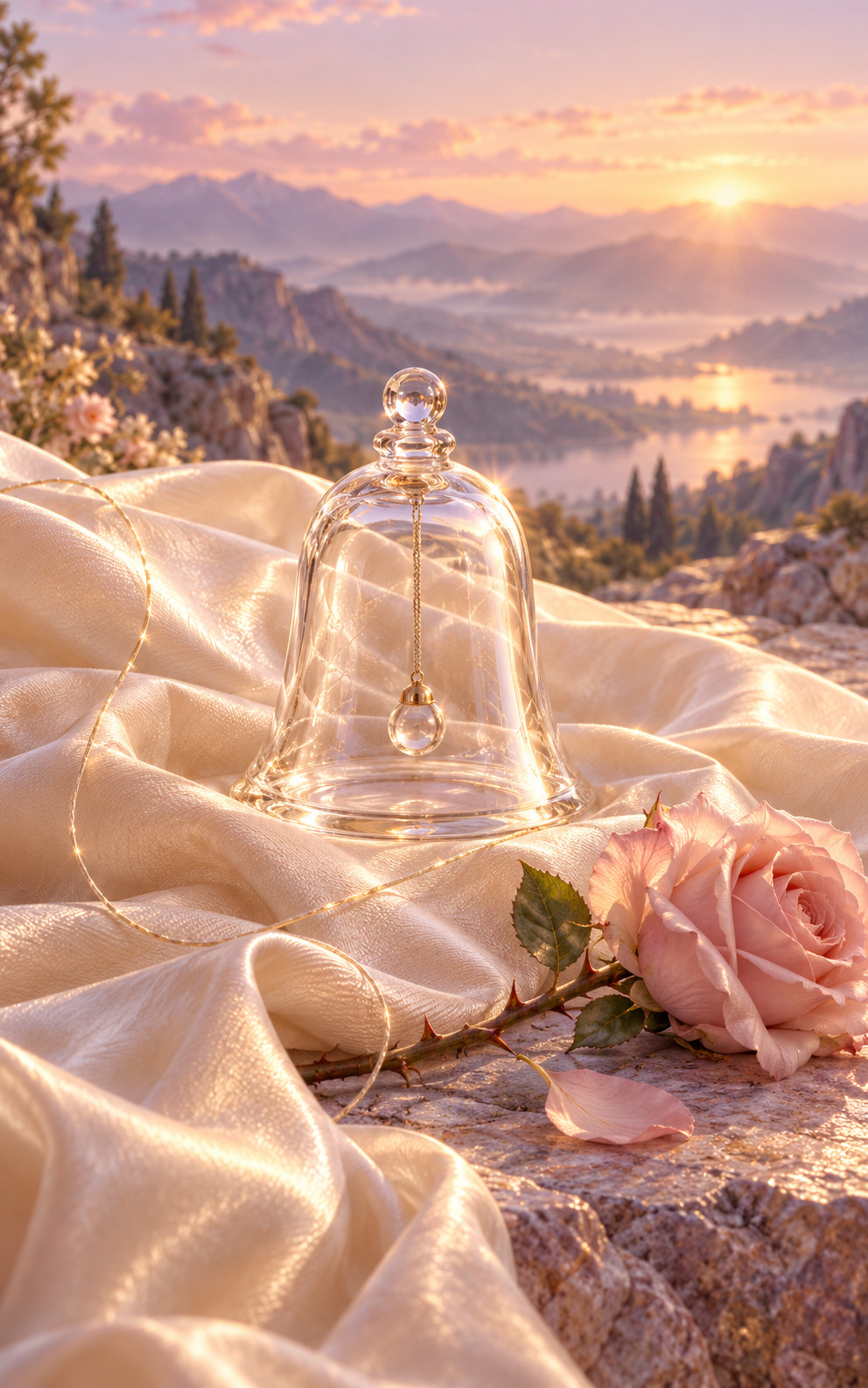 A glass bell, rose and soft fabric in the Tender Truth illustration.