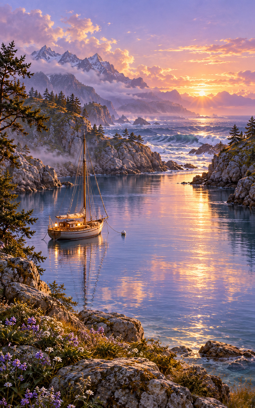 A small boat rests in still sheltered water, with rougher waves beyond the harbor opening.