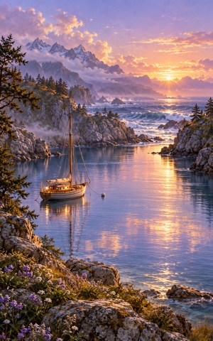 A small boat rests in still sheltered water, with rougher waves beyond the harbor opening.