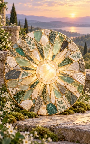 Fragments of varied shapes and colors join into a coherent luminous mosaic.