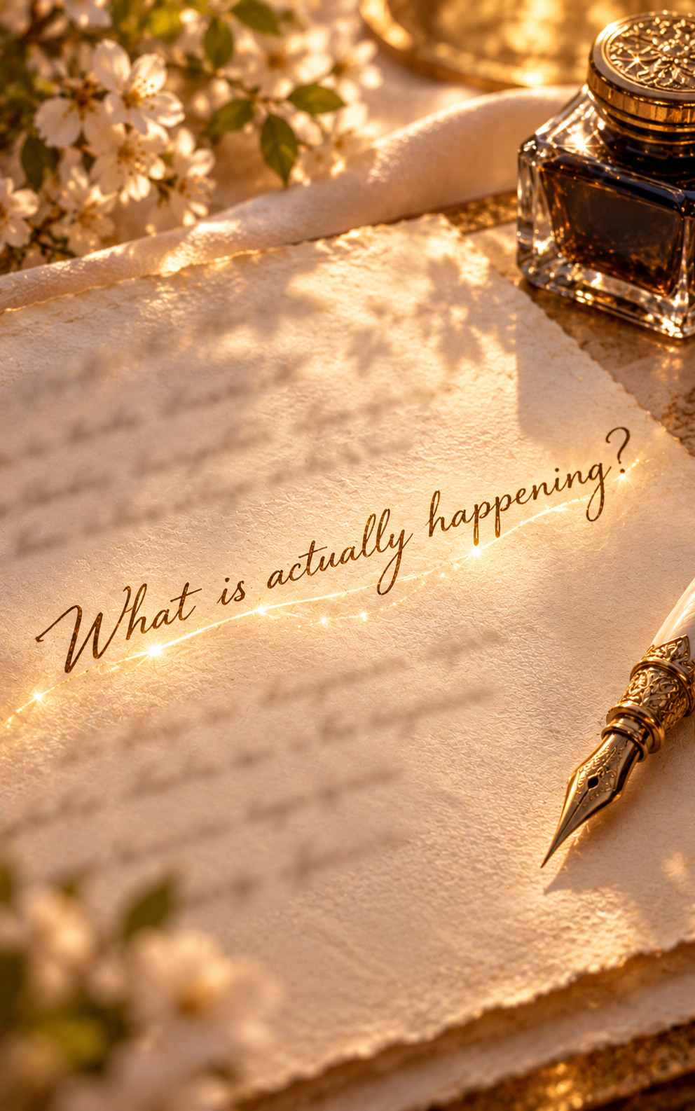 The handwritten question “What is actually happening?” becomes clear on ivory parchment, with light following the line beside a gold pen and ink bottle.