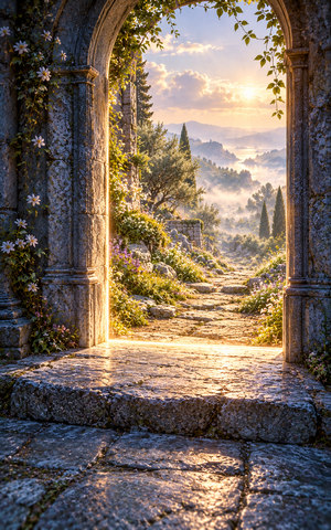 From immediately before a broad stone sill, a luminous arch opens from cool shadow into a sunlit garden path that recedes into mist.