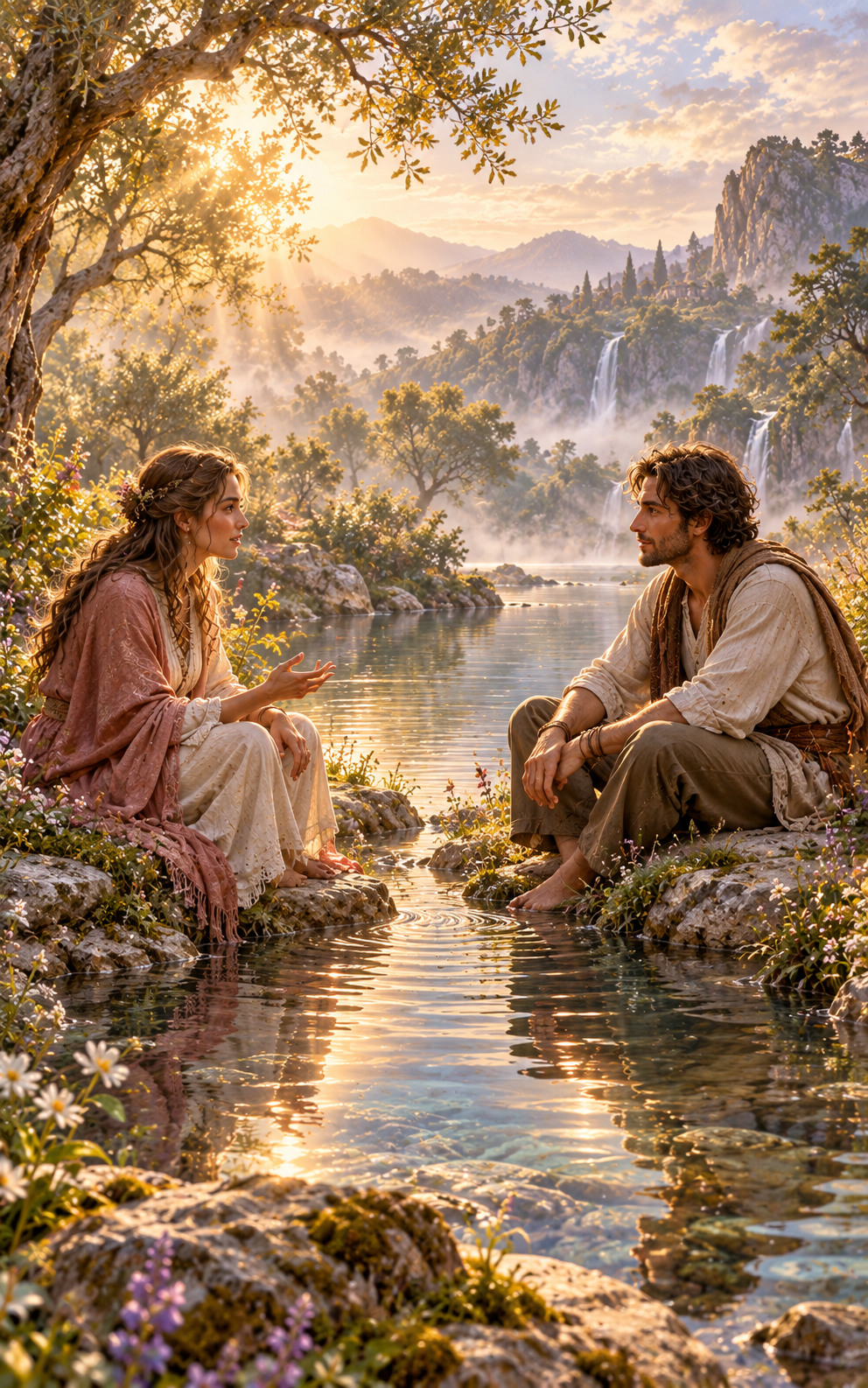 Two adults sit facing one another beside still water; one gestures gently while the other listens, with soft ripples between them.