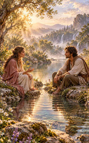 Two adults sit facing one another beside still water; one gestures gently while the other listens, with soft ripples between them.