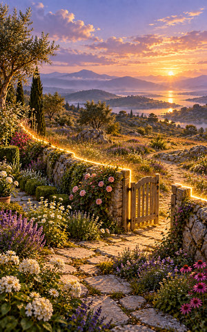 A fine glowing boundary follows a low stone edge between a tended flower garden and open countryside, with a small wooden gate at dusk.