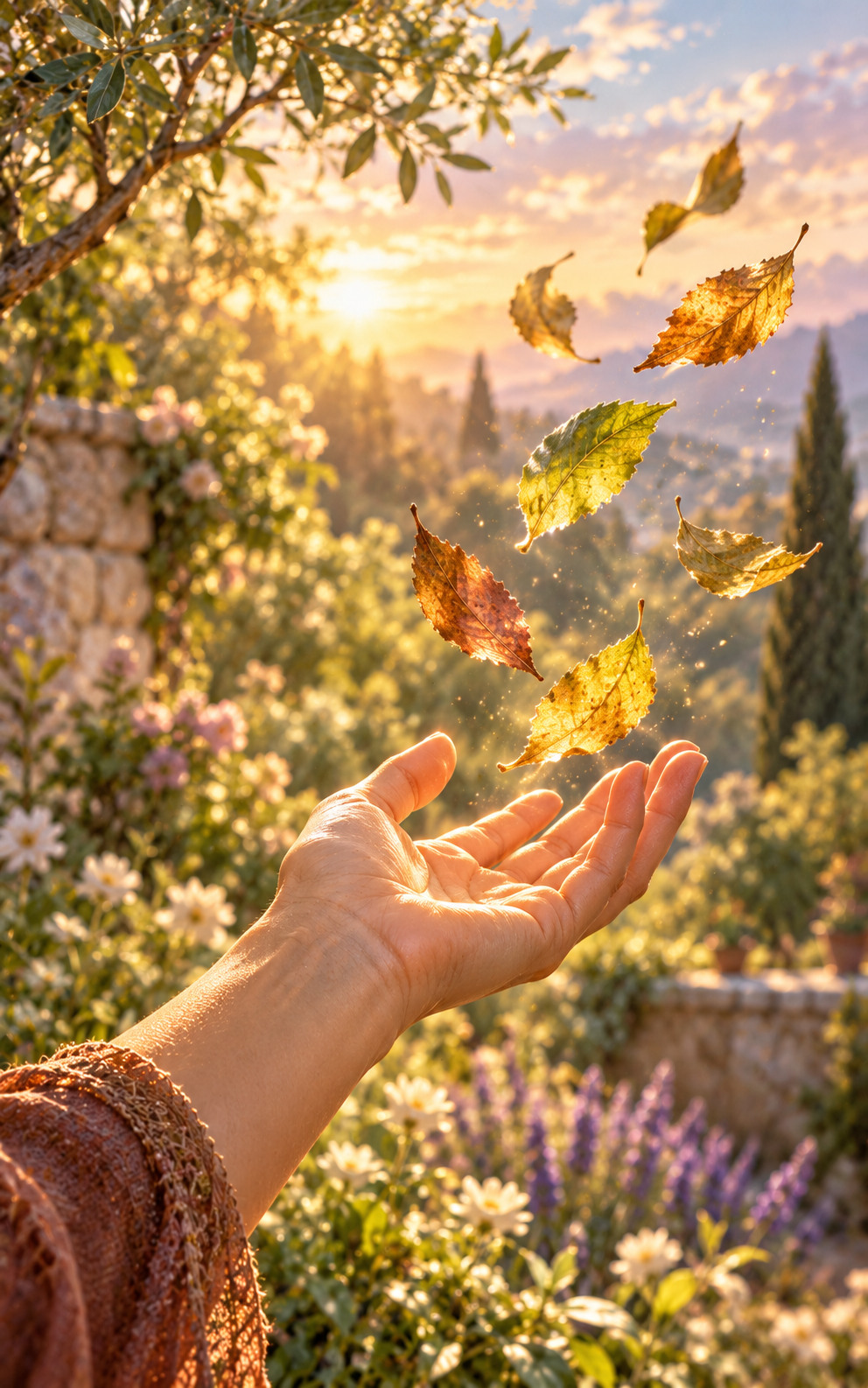 A relaxed open hand releases green and amber leaves into a gentle current of air above a sunlit garden.