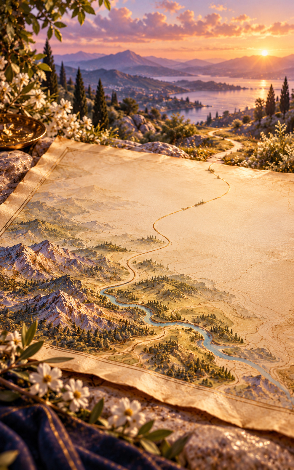A detailed foreground terrain map fades into blank parchment while a fine path continues across the empty area and into a distant landscape.
