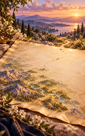 A detailed foreground terrain map fades into blank parchment while a fine path continues across the empty area and into a distant landscape.