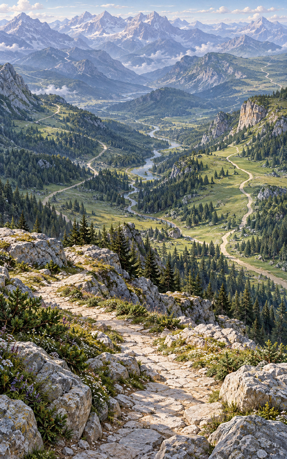 A near stone footpath overlooks a broad alpine valley where several different routes wind through meadows and wooded slopes below distant mountains.