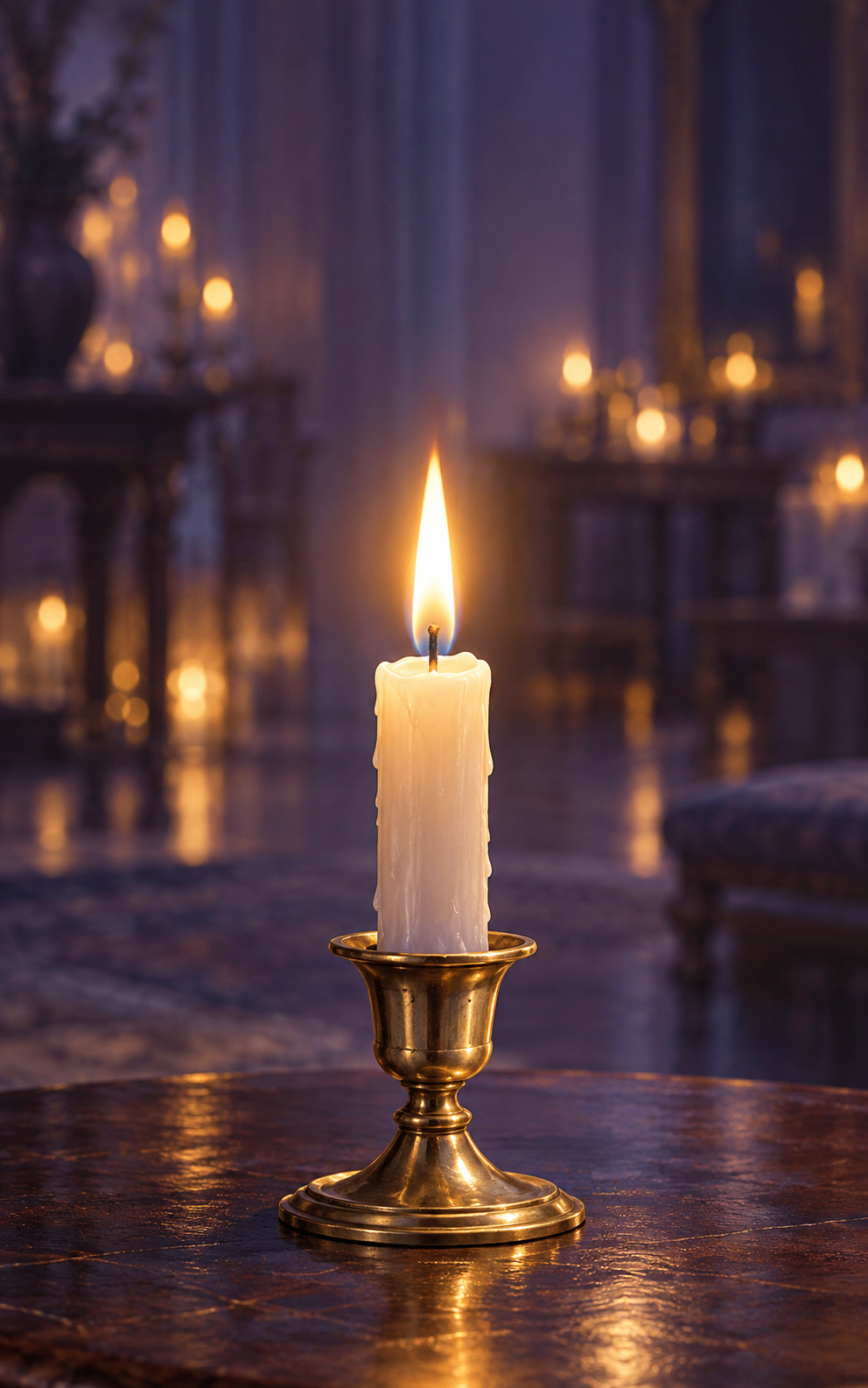 One steady candle flame shines clearly in a gold holder, with many distant dim lights blurred across a quiet lavender room.