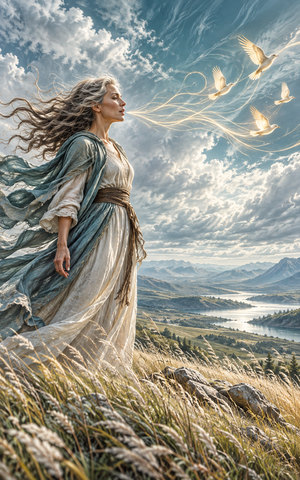 An adult stands on open grassland speaking into wind, with luminous lines flowing from the mouth into flying birds.