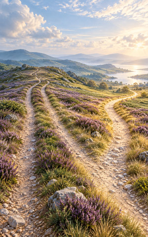 Several neighboring trails run together before one broad path turns gracefully toward a separate distant horizon.