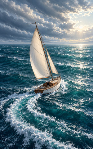 A sailing vessel turns onto a new heading as its sails and wake show a visible change in the wind.