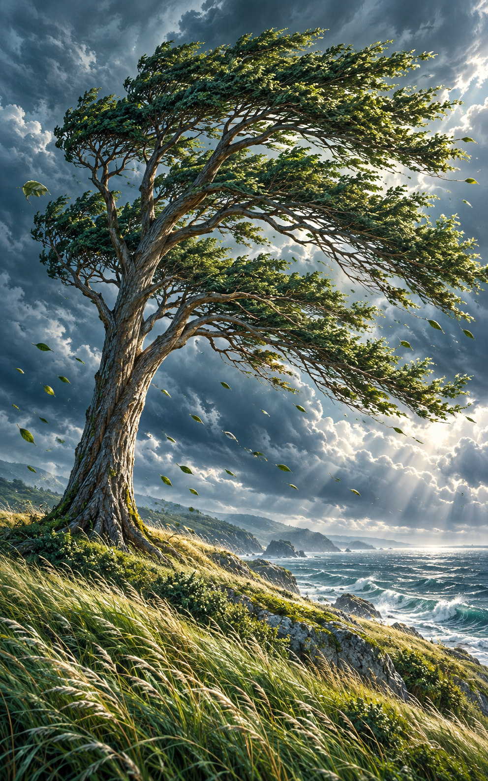 A tall tree bends slightly in powerful wind while its trunk remains upright and grounded.