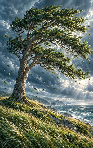 A tall tree bends slightly in powerful wind while its trunk remains upright and grounded.
