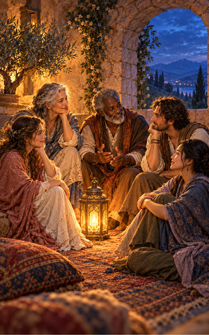 Five adults with distinct ages, appearances and clothing sit together around a warm lantern in a stone room at blue evening.