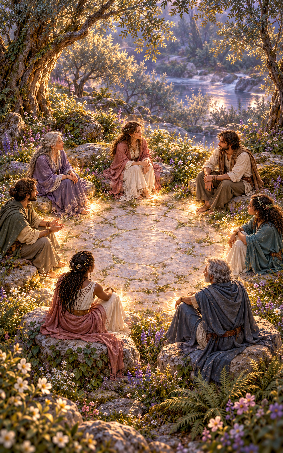 Seven distinct adults sit in an equal ring around an open stone clearing, with no person or object occupying the center.