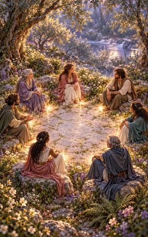 Seven distinct adults sit in an equal ring around an open stone clearing, with no person or object occupying the center.