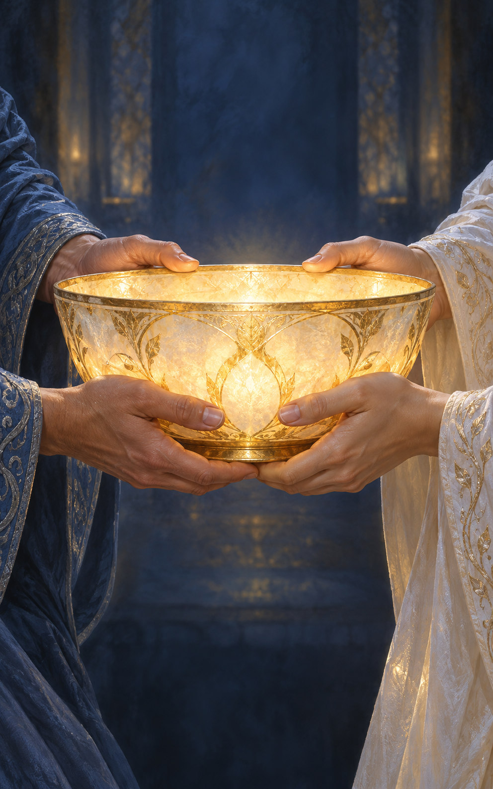 Two pairs of adult hands share the weight of a broad glowing vessel, with equal support from blue and ivory sleeves.