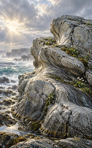 A broad coastal stone formation bears rounded weathered surfaces, fissures and pale lichen, with moss and tiny white flowers sheltered in its cracks.