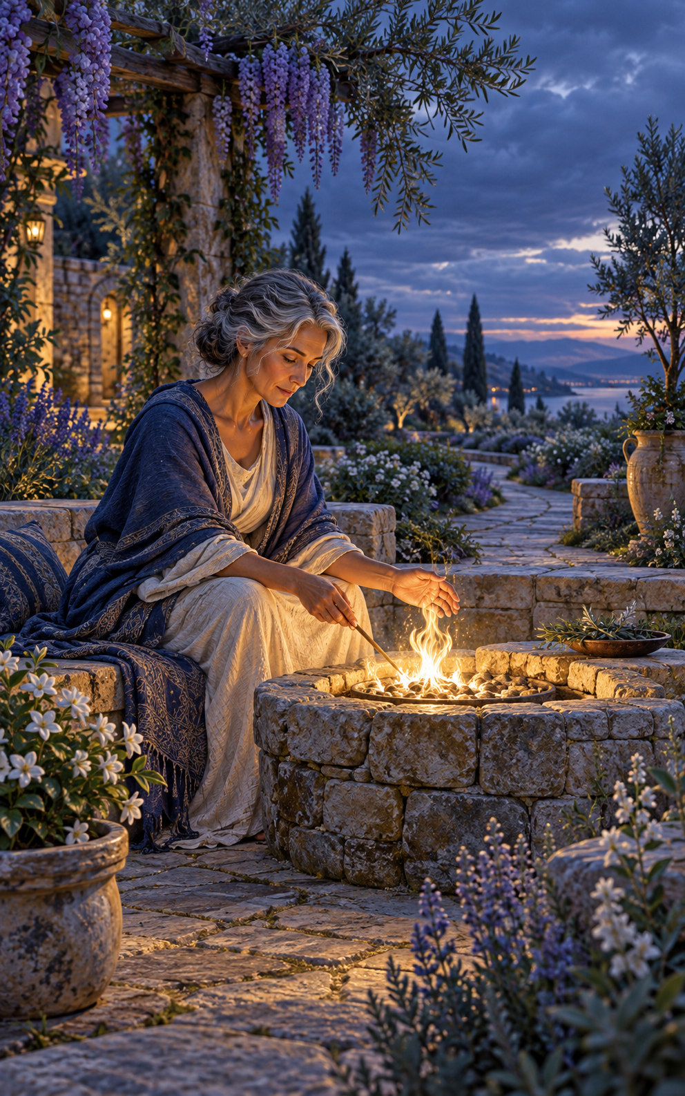 A calm mature woman tends a small luminous flame inside a low stone hearth in a spacious blue-hour garden.