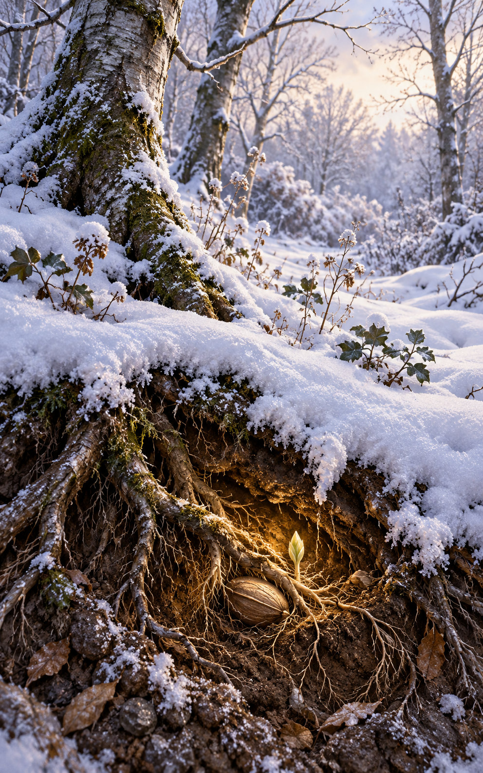 A snow-covered woodland shelters a seed and faint new bud among living roots in a softly illuminated hollow beneath the frozen surface.