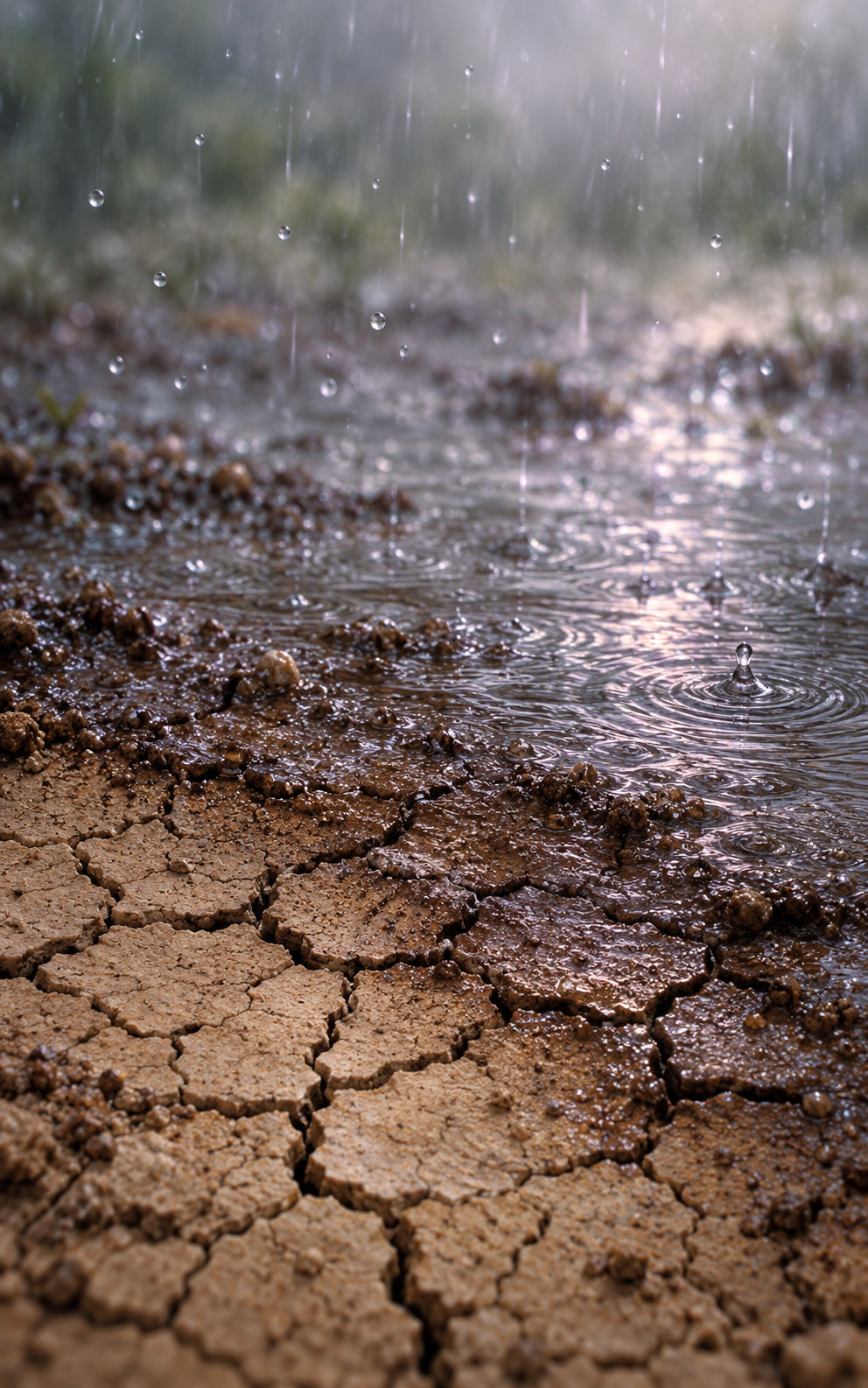 Gentle rain moistens cracked dry earth, gradually turning rigid pale clay into softer dark ground with delicate ripples.