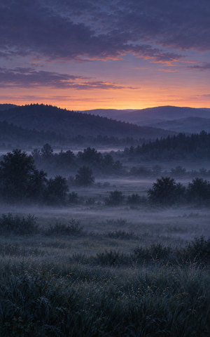 A narrow band of first morning light appears above wooded hills while the meadow and drifting mist remain in blue-violet shadow.