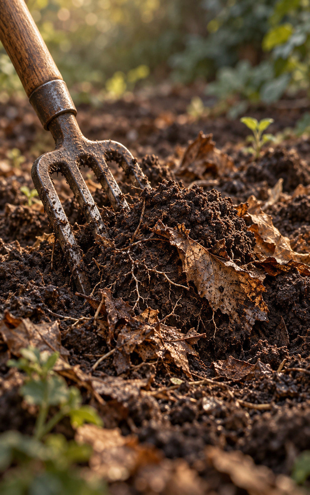 A garden fork gently turns rich dark soil and old leaf fragments into the ground, with only a small hint of new growth beyond.