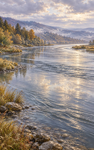 A broad river flows gently past rounded stones, reeds and autumn woodland, bending beyond the right edge beneath a softly lit clouded sky.
