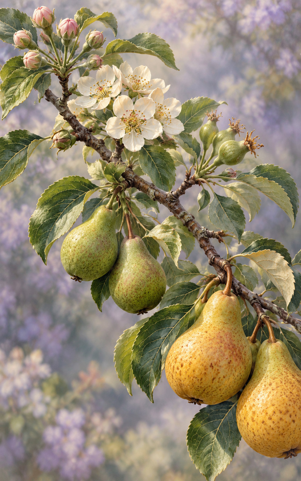 A single pear branch bears closed buds, ivory blossoms, small green fruit and ripe golden pears against a soft lavender background.