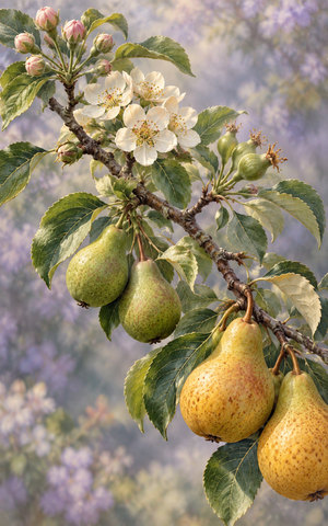 A single pear branch bears closed buds, ivory blossoms, small green fruit and ripe golden pears against a soft lavender background.