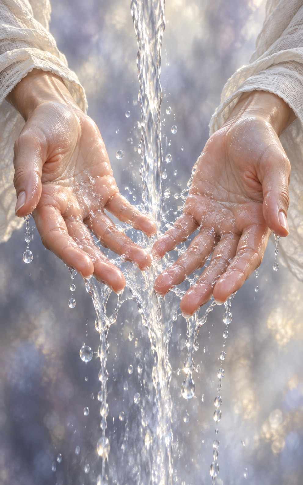 Two relaxed open palms let clear water stream over and between their fingers, with ivory linen cuffs against a soft silver-lavender background.