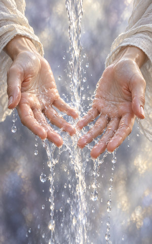 Two relaxed open palms let clear water stream over and between their fingers, with ivory linen cuffs against a soft silver-lavender background.
